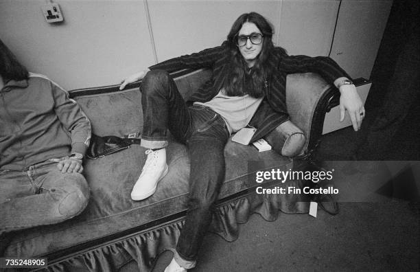 Singer and bassist Geddy Lee of Canadian progressive rock band, Rush, backstage at the Hammersmith Odeon, London, during the 'A Farewell To Kings'...