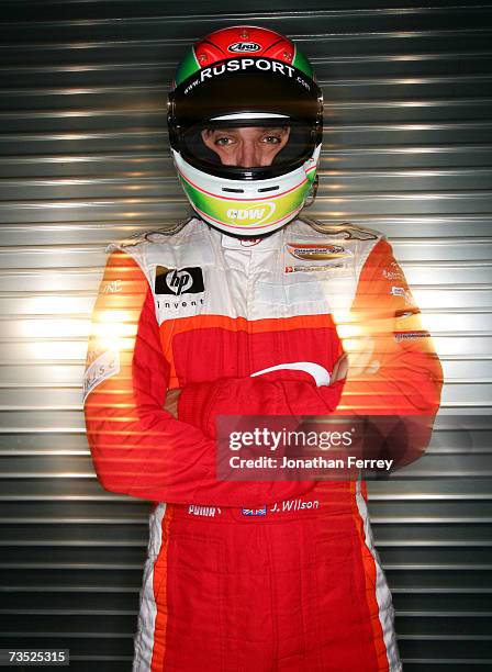 Justin Wilson driver of the RuSPORT Panoz poses for a portait during the Champ Car Spring Training Media Day on March 8, 2007 at Mazda Raceway Laguna...