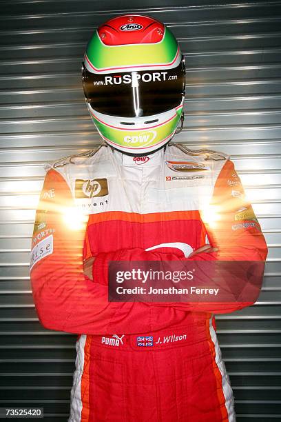 Justin Wilson driver of the RuSPORT Panoz poses for a portait during the Champ Car Spring Training Media Day on March 8, 2007 at Mazda Raceway Laguna...