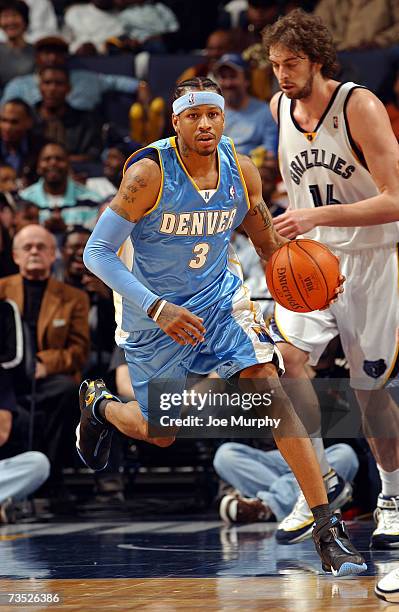 Allen Iverson of the Denver Nuggets pushes the ball upcourt against the Memphis Grizzlies during the game at FedExForum on February 26, 2007 in...