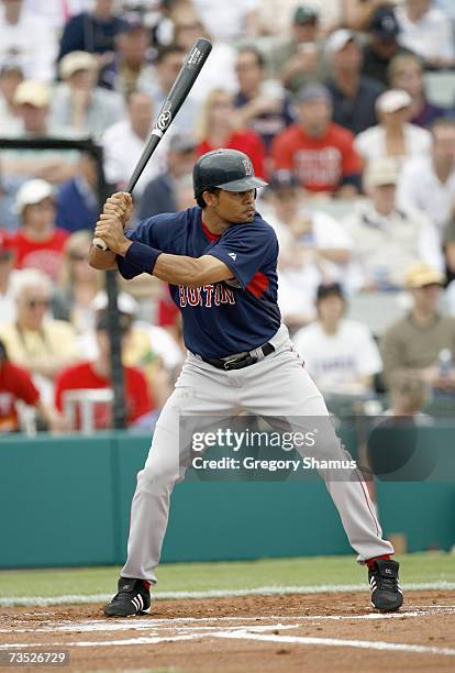 Coco Crisp of the Boston Red Sox stands ready at bat during a Spring Training game against the Minnesota Twins on March 4, 2007 at Hammond Stadium in...