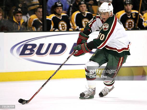 Marian Gaborik of the Minnesota Wild heads for the net in the third period against the Boston Bruins on March 8, 2007 at the TD Banknorth Garden in...