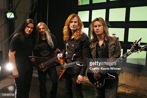 Musicians Shawn Drover , James Lomenzo, Dave Mustaine, and Glen Drover pose at a video shoot for Megadeth for the song "A Tout Le Monde " on March 8,...