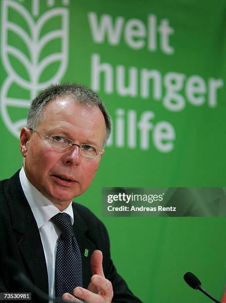 Hans-Joachim Preuss, General Director of Agro Action, or in German Welthungerhilfe speaks during a news conference on March 9, 2007 in Berlin,...