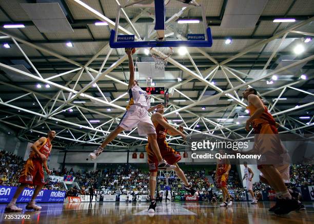 Dillion Boucher of the Bullets shoots for goal during game four of the NBL Grand Final Series between the Melbourne Tigers and the Brisbane Bullets...