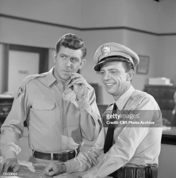 American actors Andy Griffith & Don Knotts in an episode of 'the Andy Griffith Show' entitled 'The Bank Job,' California, November 6, 1962. The...