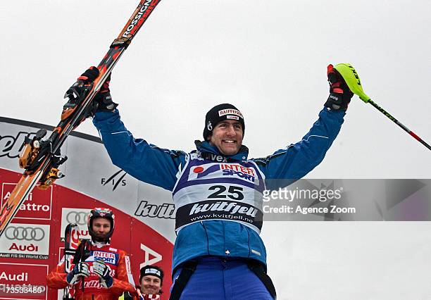 Silvan Zurbriggen of Switzerland celebrates a second place finish in the FIS Skiing World Cup Men's combined March 09, 2007 in Kvitfjell, Norway.