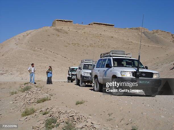 Offroad vehicles of German relief organization Agro Action, or, in German, Welthungerhilfe drive on August 26, 2005 near Sari Pul, Afghanistan. A...