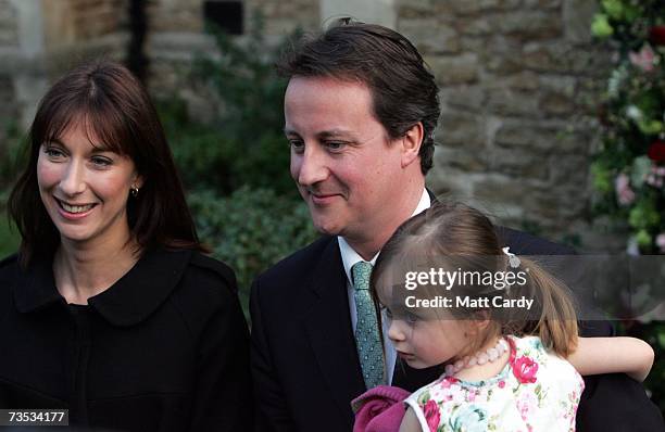 David Cameron, his wife Samantha and daugher Nancy leave the wedding of Alan Parker and Jane Hardman at Christ Church, Kensington on March 9 2007 in...