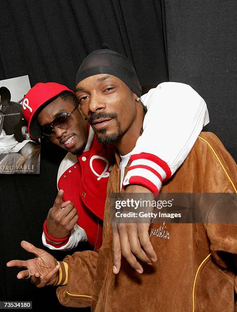 Diddy and Snoop Dogg pose during a press conference to promote the P. Diddy and Snoop Dogg European Tour, held at the Hartwall Areena on March 9,...