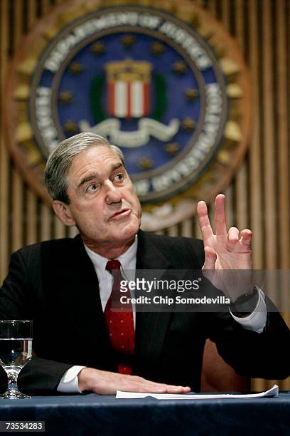 Director Robert Mueller holds a news conference at the bureau's headquaters March 9, 2007 in Washington, DC. Mueller was responding to a report by...