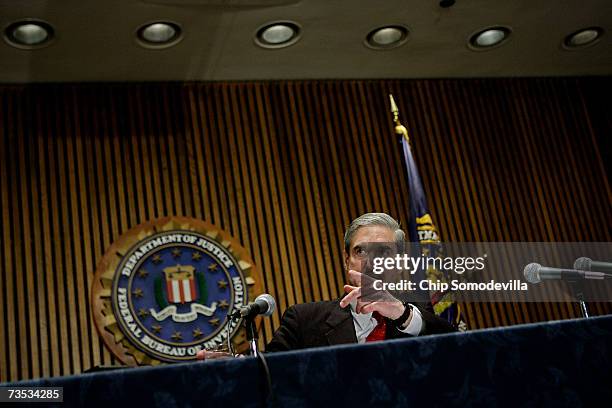 Director Robert Mueller holds a news conference at the bureau's headquaters March 9, 2007 in Washington, DC. Mueller was responding to a report by...