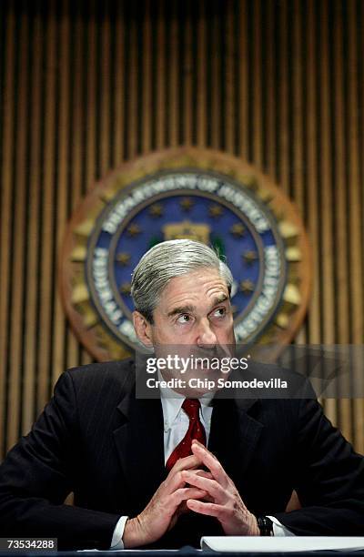 Director Robert Mueller holds a news conference at the bureau's headquaters March 9, 2007 in Washington, DC. Mueller was responding to a report by...