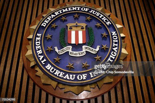 The seal of the F.B.I. Hangs in the Flag Room at the bureau's headquaters March 9, 2007 in Washington, DC. F.B.I. Director Robert Mueller was...