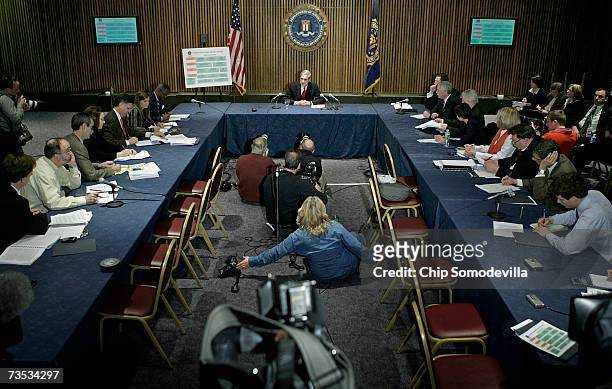 Director Robert Mueller holds a news conference at the bureau's headquaters March 9, 2007 in Washington, DC. Mueller was responding to a report by...