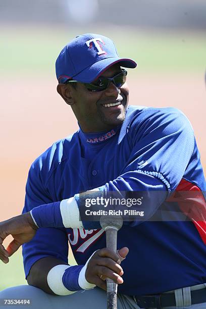 Sammy Sosa of the Texas Rangers looks on prior to the game against the Oakland Athletics at Phoenix Municipal Stadium in Phoenix, Arizona on March 8,...