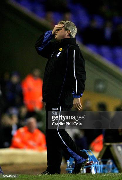 Manager Steve Bruce of Brimgham City covers his eyes with his hands as a chance to score goes wide during the Coca-Cola Championship match between...