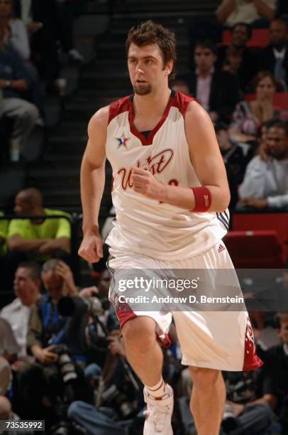 Mehmet Okur of the Western Conference runs on the court during the 2007 NBA All-Star Game on February 18, 2007 at the Thomas & Mack Center in Las...