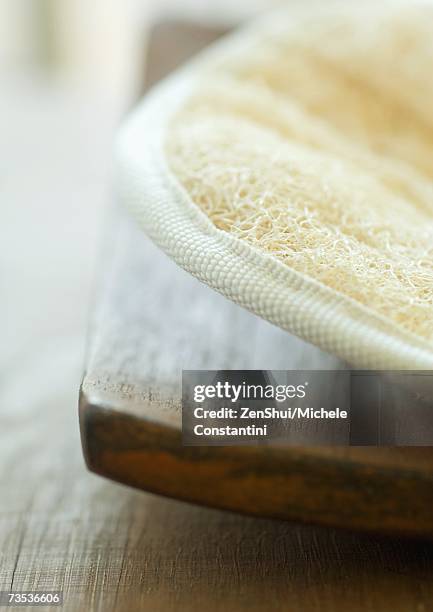 loofah sponge on wooden tray - loofah stock pictures, royalty-free photos & images