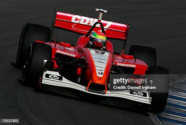 Justin Wilson drives the RuSPORT Panoz DP01 Cosworth during ChampCar World Series testing at the Mazda Raceway Laguna Seca on March 9, 2007 in...