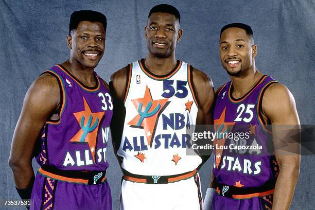 Patrick Ewing, Dikembe Mutombo and Alonzo Mourning pose for a portrait during the 1995 NBA All-Star Weekend on February 10, 1995 in Phoenix, Arizona....