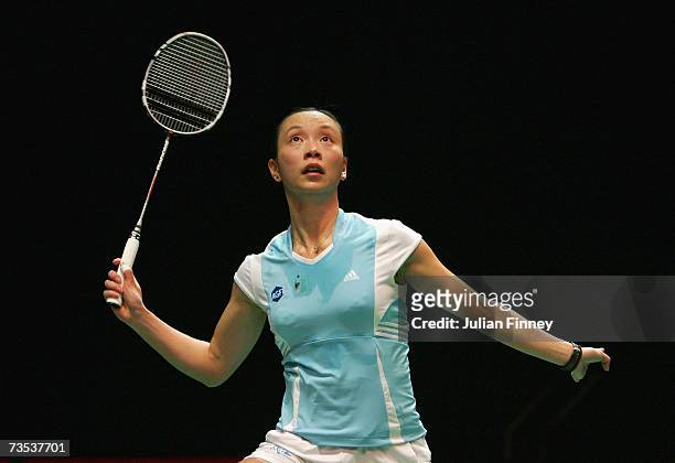 Pi Hongyan of France prepares to play a shot in her match against Wang Chen of of Hong Kong in the quarter final during the Yonex All England Open...