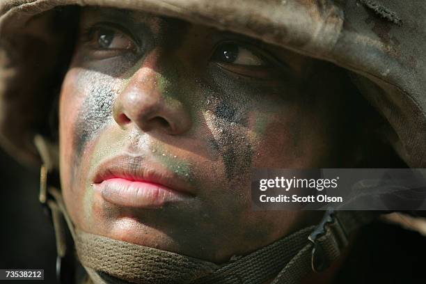 United States Marine Corps recruit Maria Martinez of Santa Anna, California trains during boot camp March 8, 2007 at Parris, Island, South Carolina....