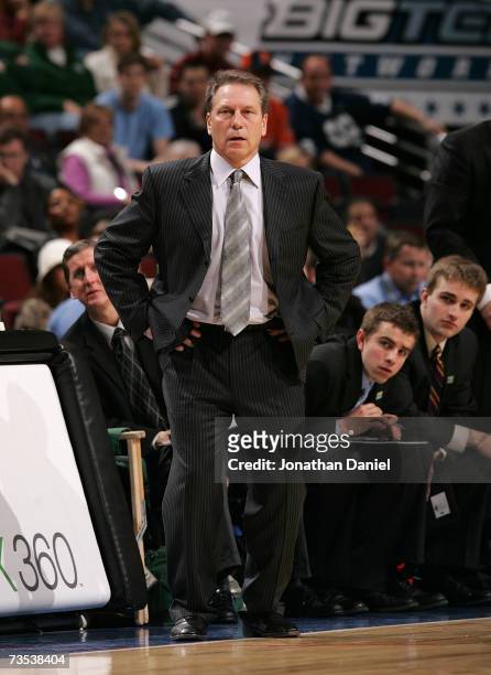 Head coach Tom Izzo of the Michigan State Spartans coaches the Wisconsin Badgers during the quarterfinals of the Big Ten Men's Basketball Conference...