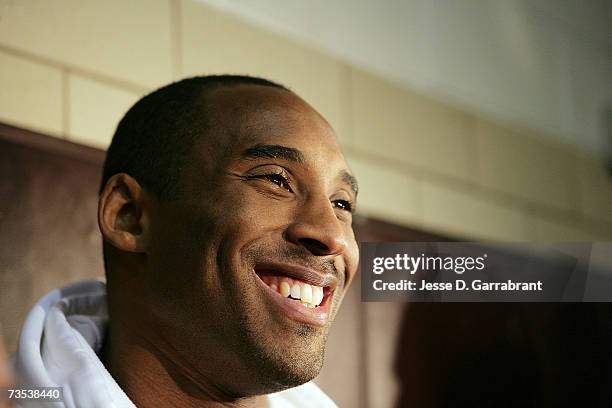 Kobe Bryant of the Los Angeles Lakers smiles while visiting his alma mater, Lower Merion High School March 9, 2007 in Philadelphia, Pennsylvania....