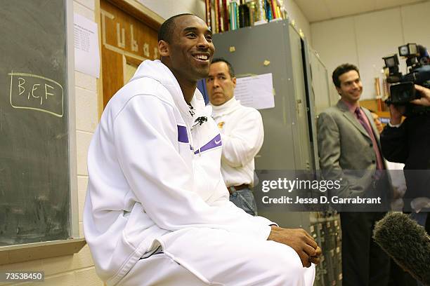 Kobe Bryant of the Los Angeles Lakers smiles while visiting his alma mater, Lower Merion High School March 9, 2007 in Philadelphia, Pennsylvania....