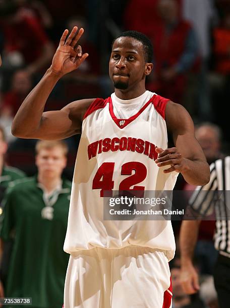 Alando Tucker of the Wisconsin Badgers against the Michigan State Spartans during the quarterfinals of the Big Ten Men's Basketball Conference...