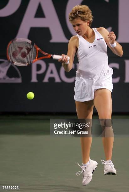 Michaella Krajicek of the Netherlands returns a forehand to Maria Sharapova of Russia during the Pacific Life Open the Indian Wells Tennis Garden...