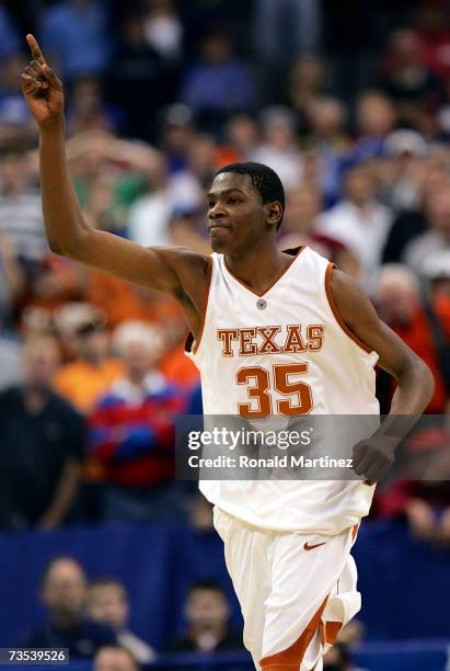 Guard Kevin Durant of the Texas Longhorns reacts during a 74-69 win against the Baylor Bears during the quarterfinals of the Phillips 66 Big 12 Men's...