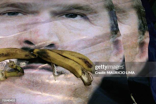 Banana skin is seen on a poster with US President George W. Bush face during a protest by youths of the National Union of Students inside a...