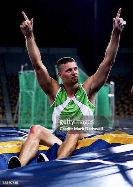 Brad Walker of the USA thanks the crowd after winning the Mens Pole Vault Open during day two of the Australian Athletics Championships and selection...