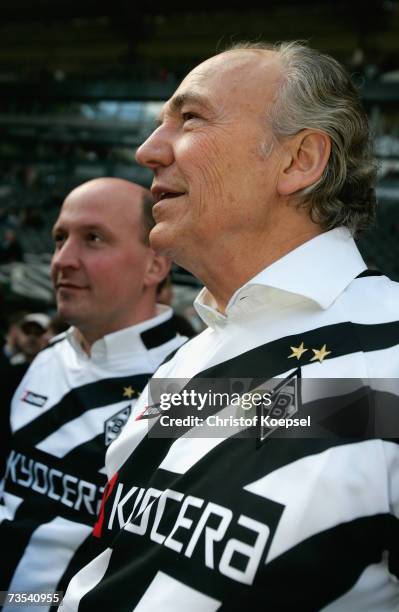 Managing Director Stefan Schippers and president Rolf Koenigs of Monchengladbach look on before the Bundesliga match between Borussia Monchengladbach...