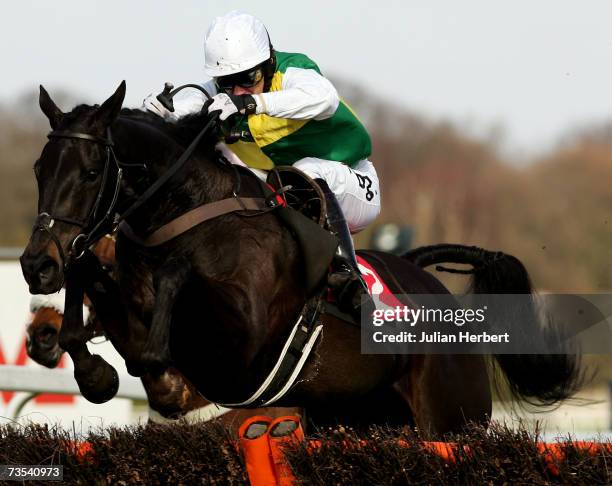 Tony McCoy and Albertas Run clear the last flight before landing The E.B.F. Novices Handicap Hurdle Race run at Sandown Park Racecourse on March 10,...