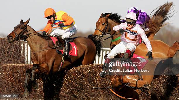 Sam Thomas and Reflected Glory pass the Richard Johnson as he falls from Cousin Nicky to land The Bet Online @sunderlands.co.uk Steeple Chase Race...