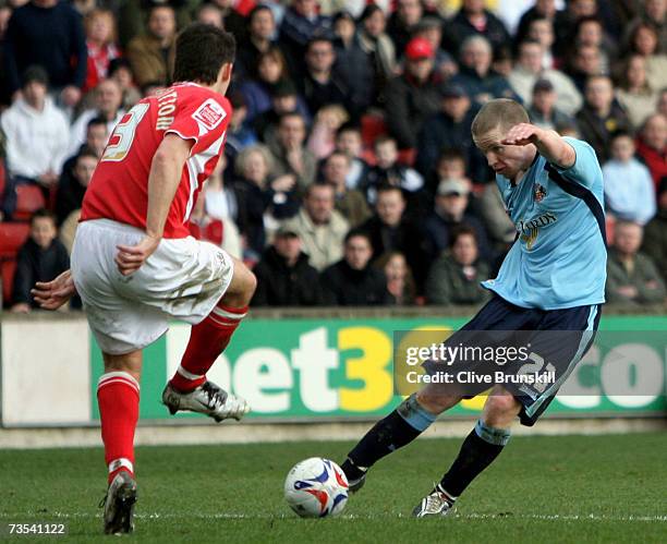 Grant Leadbitter of Sunderland scores the first goal during the Coca-Cola Championship match between Barnsley and Sunderland at Oakwell on March 10,...