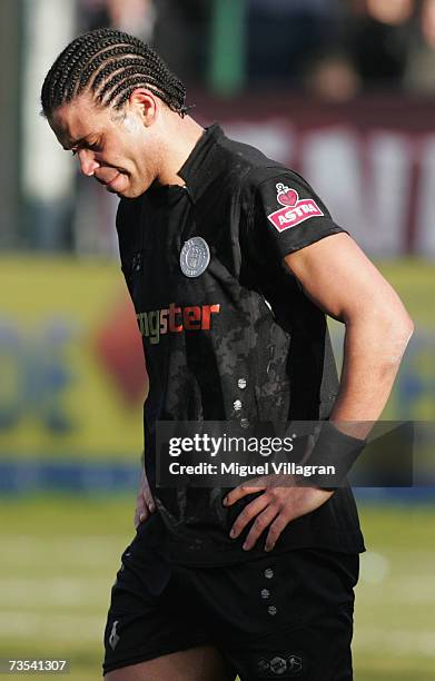 Michel Mazingu-Dinzey of Pauli reacts during the Third League match between FC St.Pauli and Union Berlin at the Alte Foersterei stadium on March 10,...