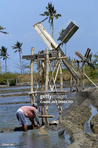 Salt maker uses windmill built from indigenous material bamboo, to pump seawater from underground aquifer that produces salt in Bago, Negros...
