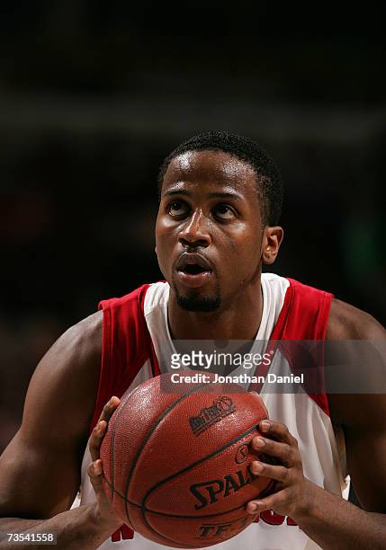 Alando Tucker of the Wisconsin Badgers gets set to shoot a free throw attempt against the Michigan State Spartans during the quarterfinals of the Big...