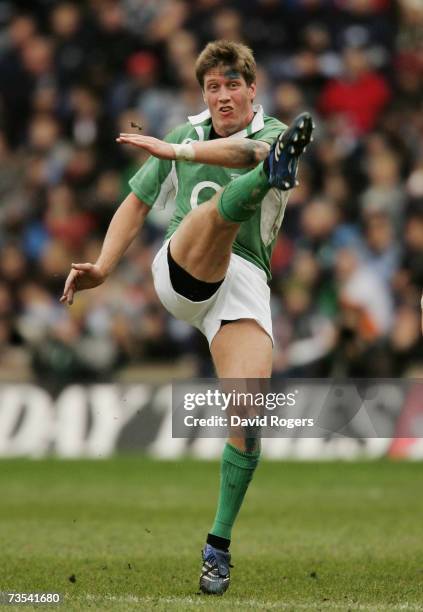 Ronan O'Gara clears the ball downfield during the RBS Six Nations Championship match between Scotland and Ireland at Murrayfield on March 10, 2007 in...