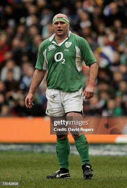 John Hayes of Ireland looks on during the RBS Six Nations Championship match between Scotland and Ireland at Murrayfield on March 10, 2007 in...