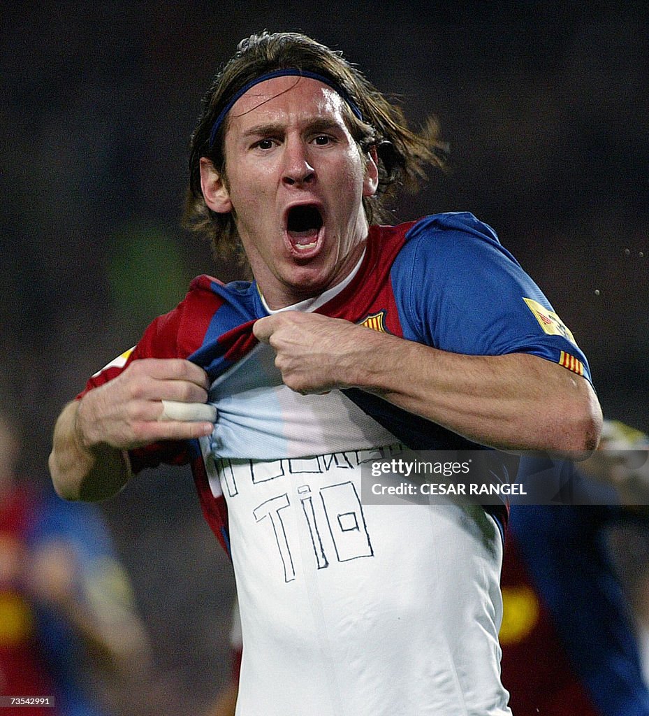 Barcelona's Leo Messi celebrates after s...