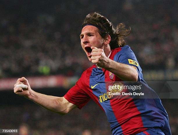 Lionel Messi of Barcelona celebrates after scoring their second goal during the Primera Liga match between Barcelona and Real Madrid at the Nou Camp...