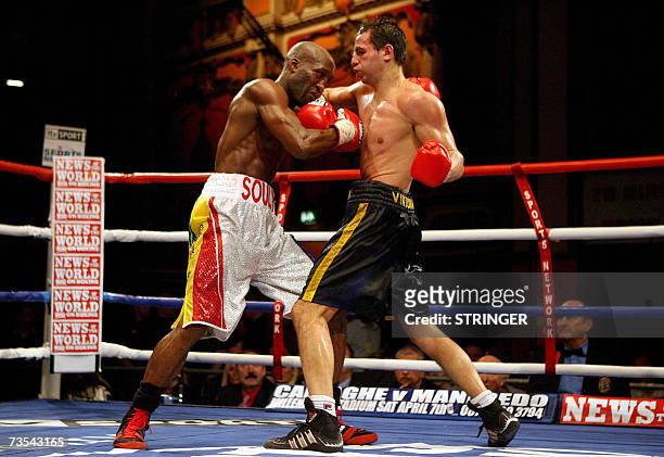 Liverpool, UNITED KINGDOM: French boxer Souleymane M'Baye in action during his WBA Light Welterweight belt fight, eventually drawing with Ukranian...