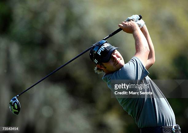 Golfer Ryan Moore tees off on the ninth hole during the third round of the PODS Championship on March 10, 2007 at Westin Innisbrook Resort in Palm...