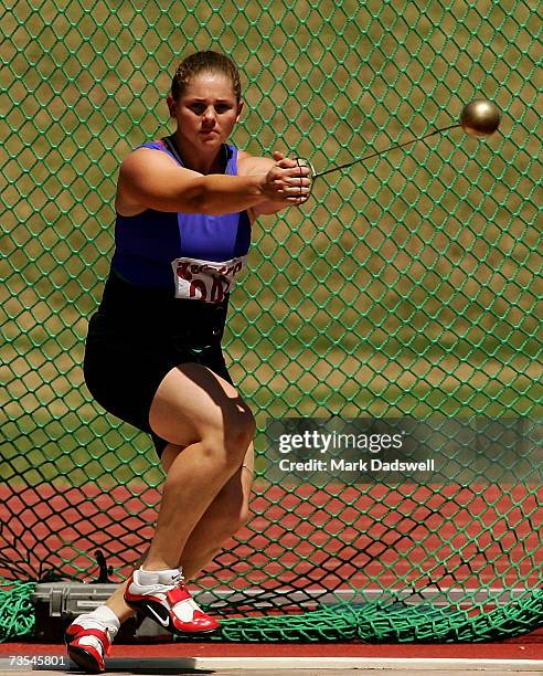 Kellie Howard of QLD competes in the Womens Hammer Throw Open during day three of the Australian Athletics Championships and selection trials at...