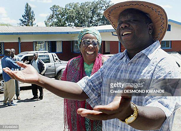 Zimbabwe main opposition party leader Morgan Tsvangirai addresses, 11 March 2007, officials and other political party members after they were denied...